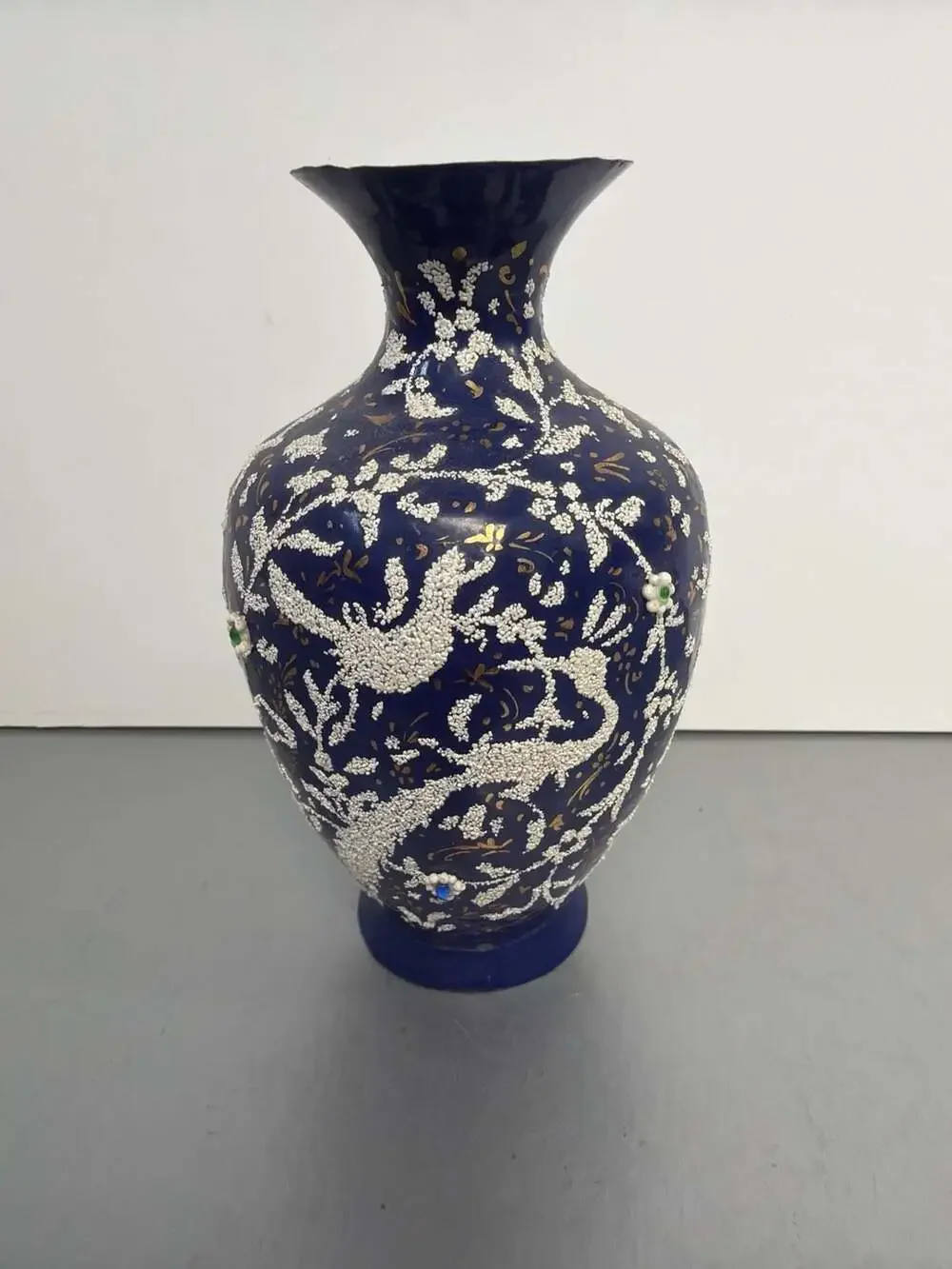 Vintage Cobalt Blue Enamel Vase with Raised White Enamel Bird & Floral Design 6
